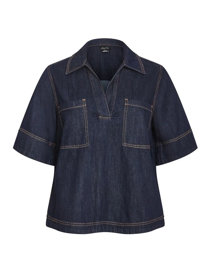 Plus Size Tiana Pocket Cotton Denim Top in Dark Wash image 3