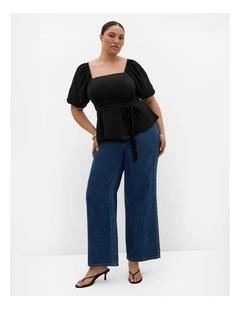 Plus Size Collins Puff Sleeve Tie Waist Top in Black