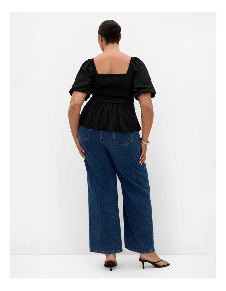 Plus Size Collins Puff Sleeve Tie Waist Top in Black image 2