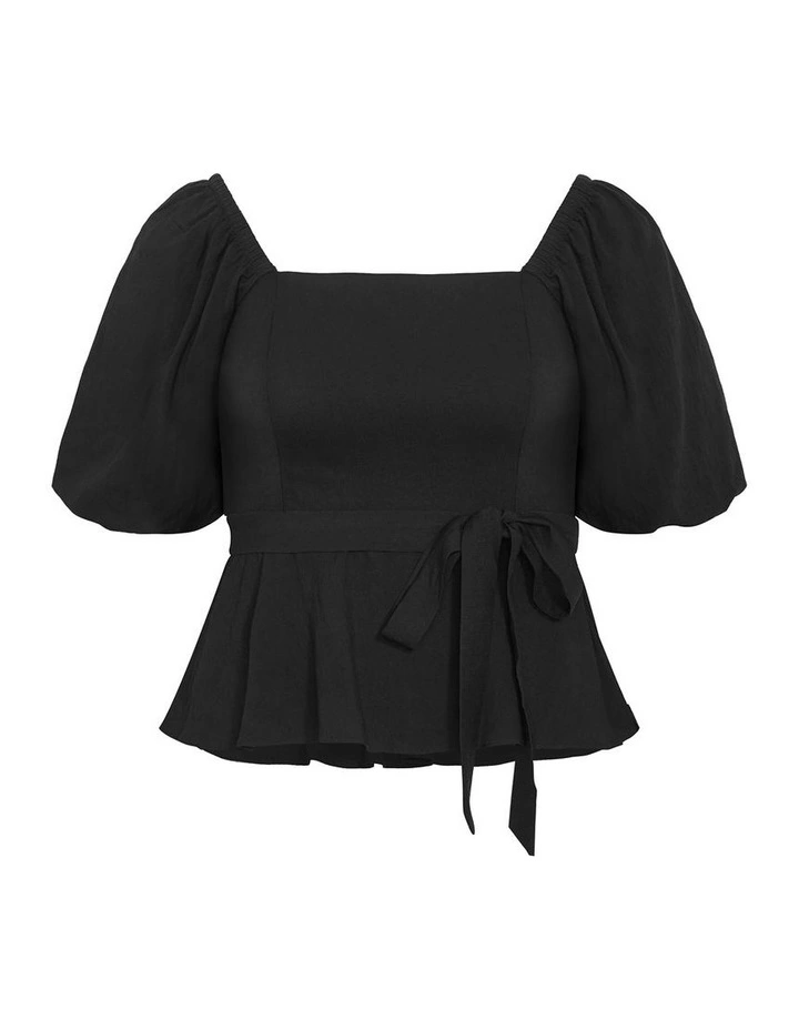 Plus Size Collins Puff Sleeve Tie Waist Top in Black image 3