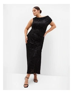 Plus Size Sequin Star Off Shoulder Maxi Dress in Black