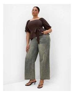Plus Size Collins Puff Sleeve Tie Waist Top in Chocolate