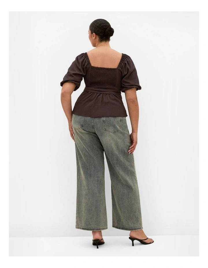 Plus Size Collins Puff Sleeve Tie Waist Top in Chocolate image 2