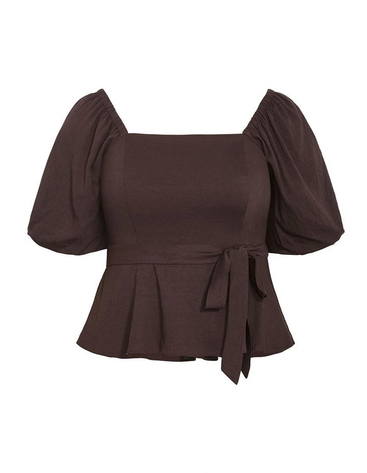 Plus Size Collins Puff Sleeve Tie Waist Top in Chocolate image 3