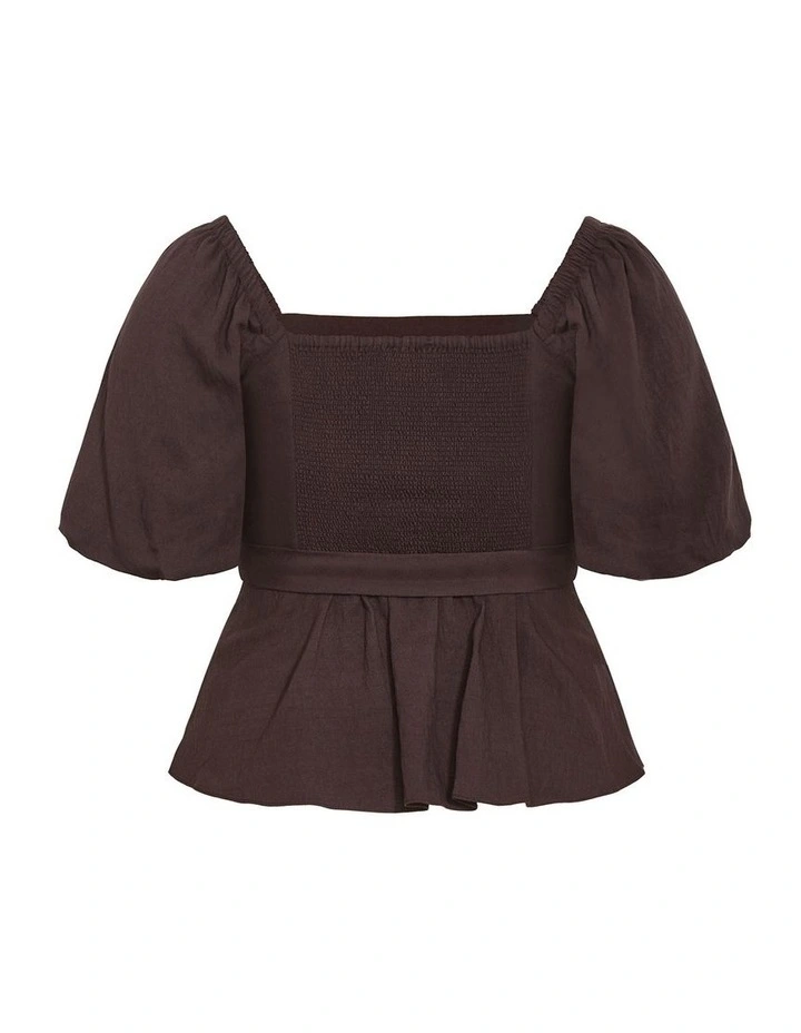 Plus Size Collins Puff Sleeve Tie Waist Top in Chocolate image 4
