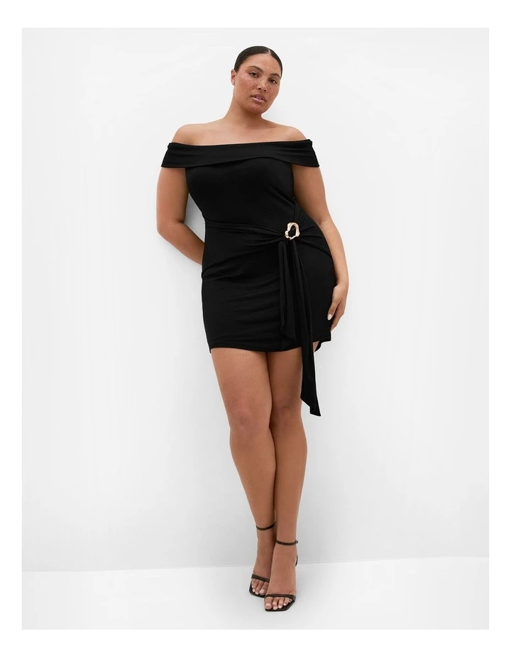 Plus Size Drape Off Shoulder Mini Dress in Black image 1