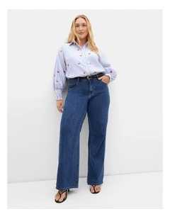 Plus Size Stripe Heart Print Cotton Shirt in Blue
