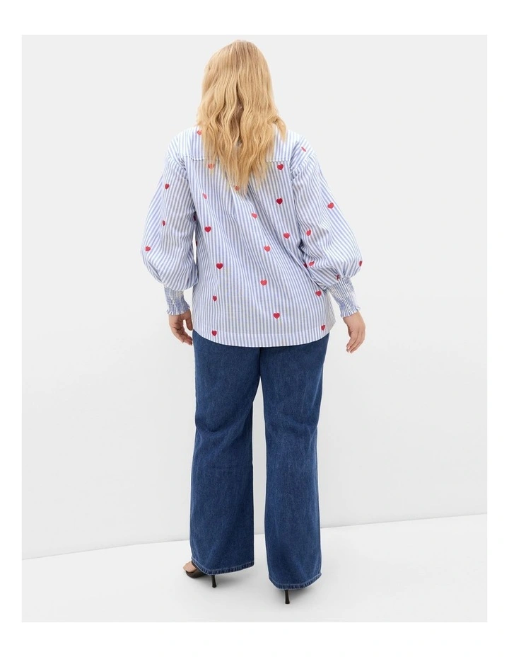 Plus Size Stripe Heart Print Cotton Shirt in Blue image 2