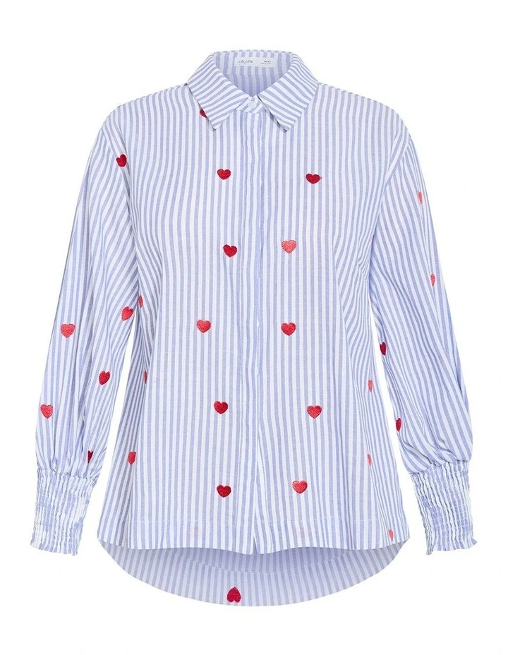 Plus Size Stripe Heart Print Cotton Shirt in Blue image 3