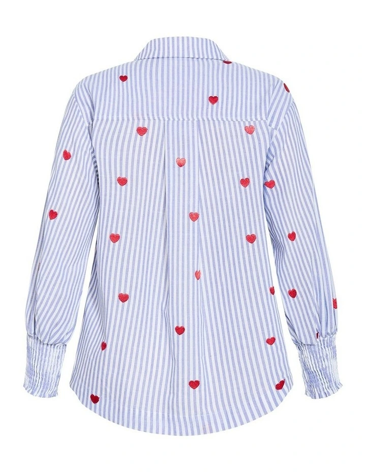 Plus Size Stripe Heart Print Cotton Shirt in Blue image 4