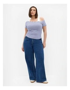 Plus Size Off Shoulder Stripe Double Layer Top in Blue