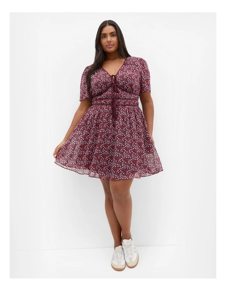 Plus Size Cara Ditsy Print Mini Dress in Berry image 1