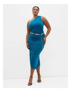 Plus Size Orbit One Shoulder Slink Dress in Poseidon