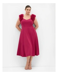 Plus Size Roselyn Ruffle Tulle Midi Dress in Raspberry