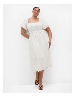 Plus Size Bridie Embroidered Puff Sleeve Midi Dress in Ivory