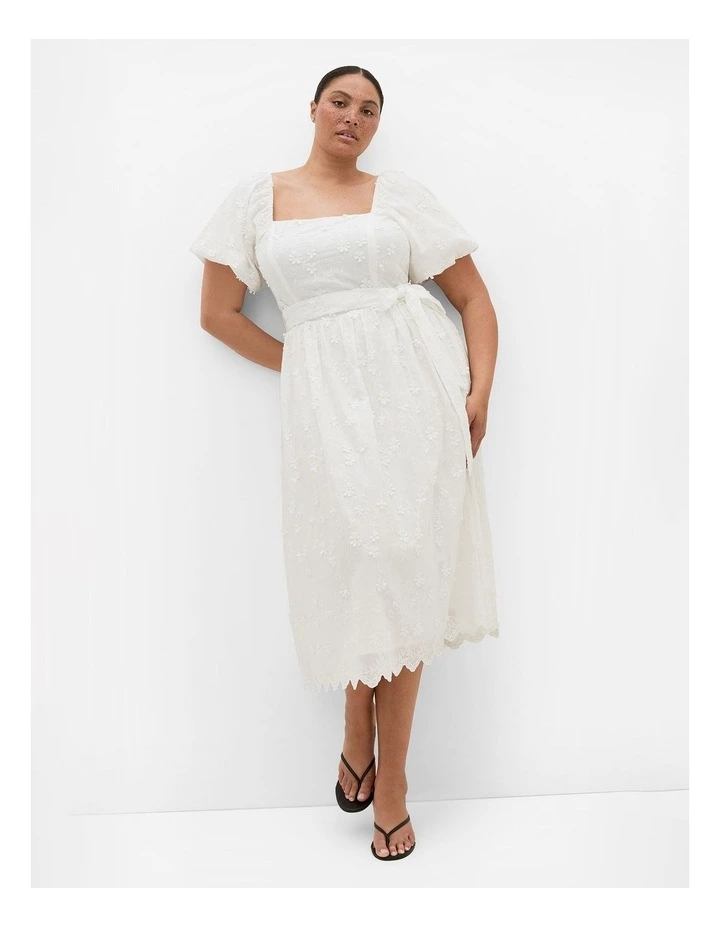 Plus Size Bridie Embroidered Puff Sleeve Midi Dress in Ivory image 1