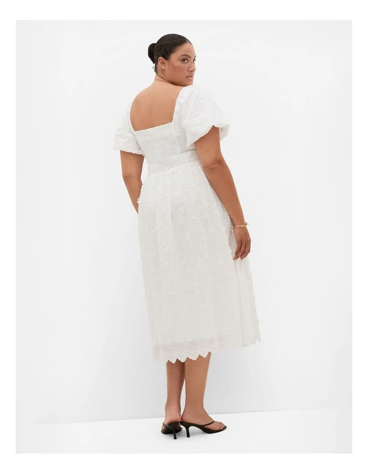 Plus Size Bridie Embroidered Puff Sleeve Midi Dress in Ivory image 2