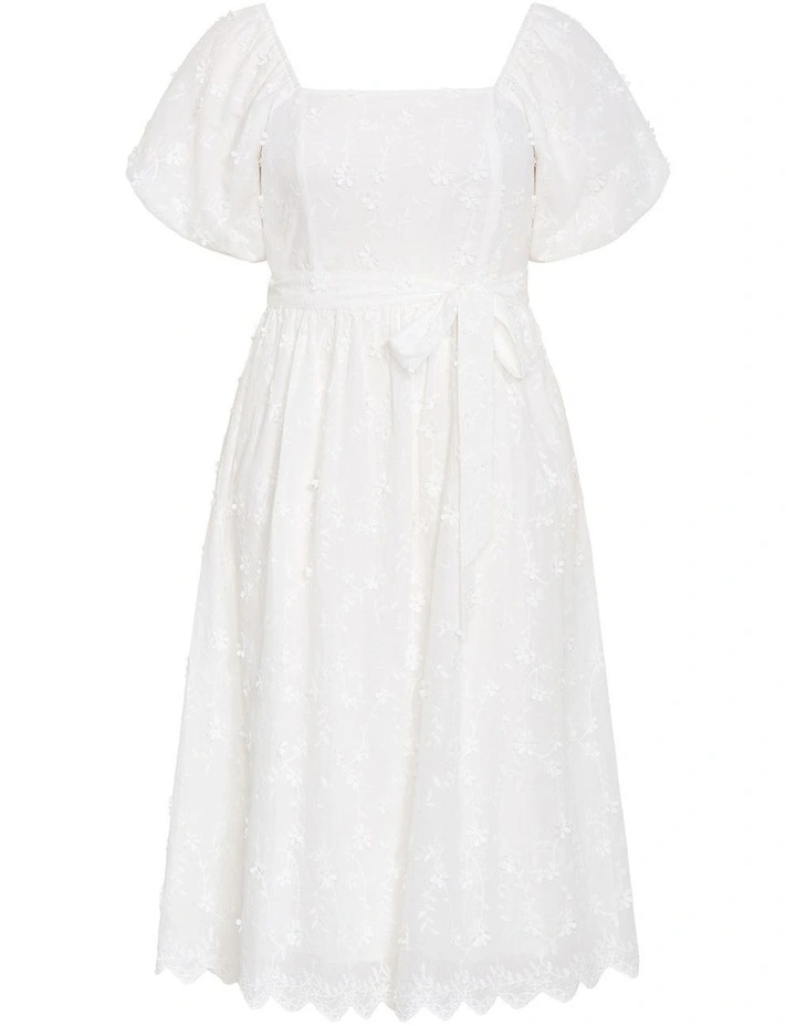 Plus Size Bridie Embroidered Puff Sleeve Midi Dress in Ivory image 3
