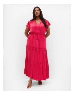 Plus Size Drama Queen Flutter Sleeve Maxi Dress in Raspberry