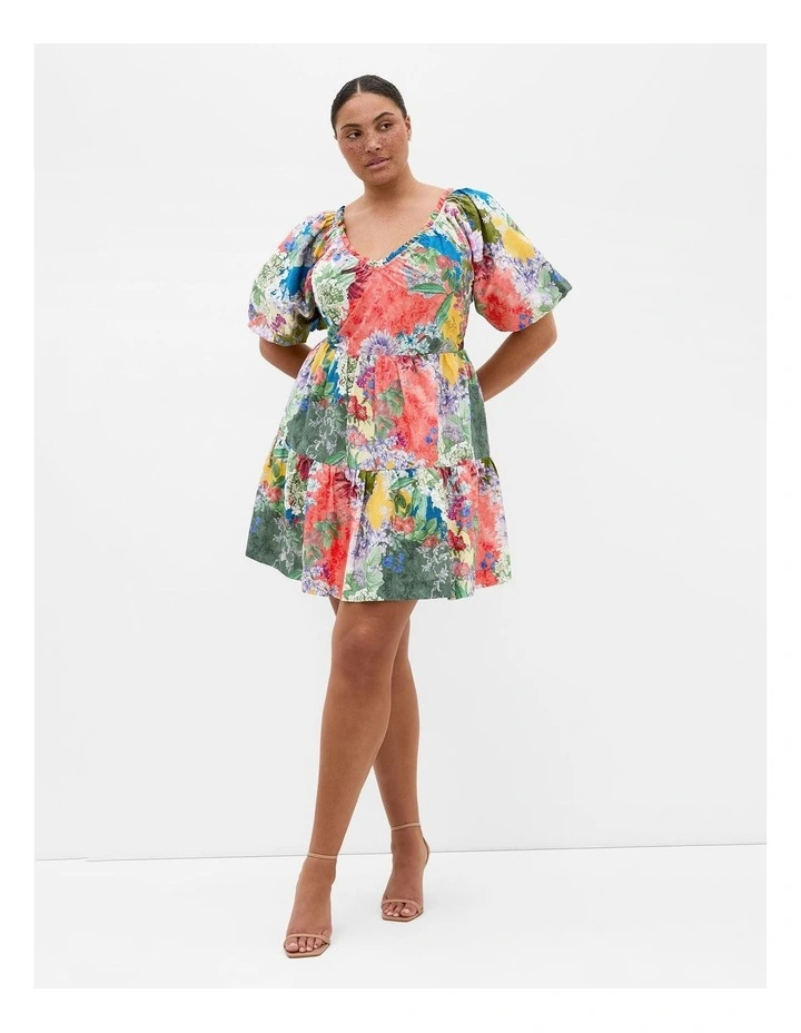 Plus Size Fantasy Berry Floral Print Puff Sleeve Mini Dress in Sage image 1