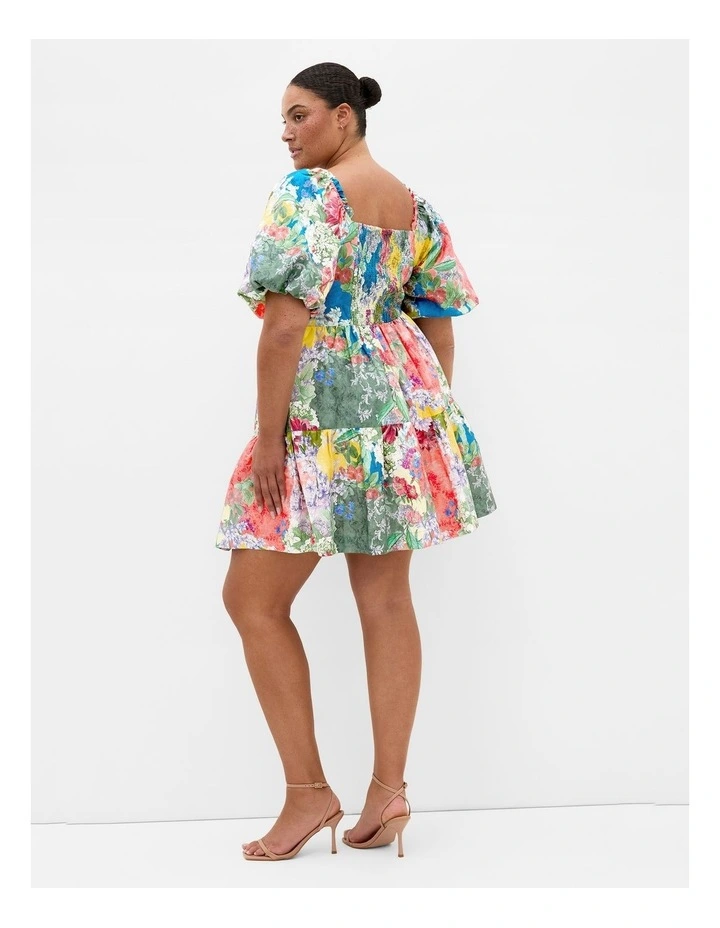 Plus Size Fantasy Berry Floral Print Puff Sleeve Mini Dress in Sage image 2