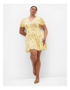 Plus Size Elsie Blossom Print Short Sleeve Mini Dress in Lemon
