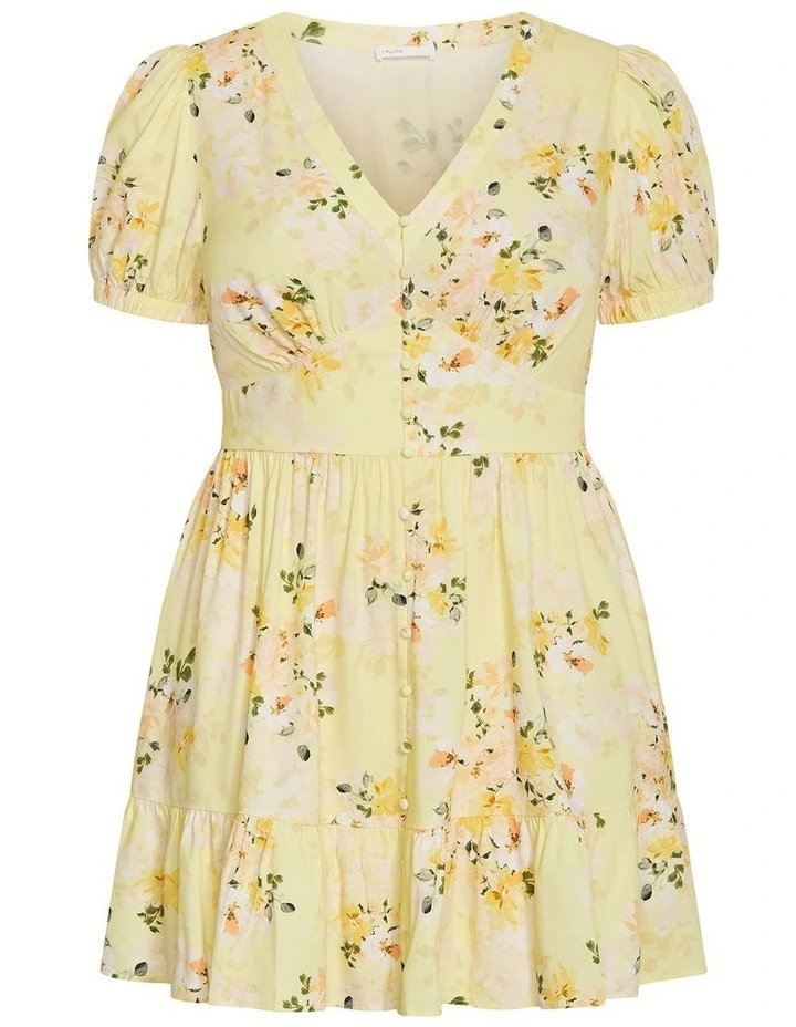 Plus Size Elsie Blossom Print Short Sleeve Mini Dress in Lemon image 3
