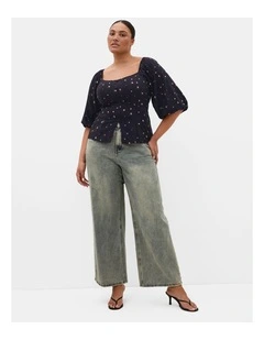 Plus Size Daydreamer Elbow Sleeve Ditsy Print Top in Navy