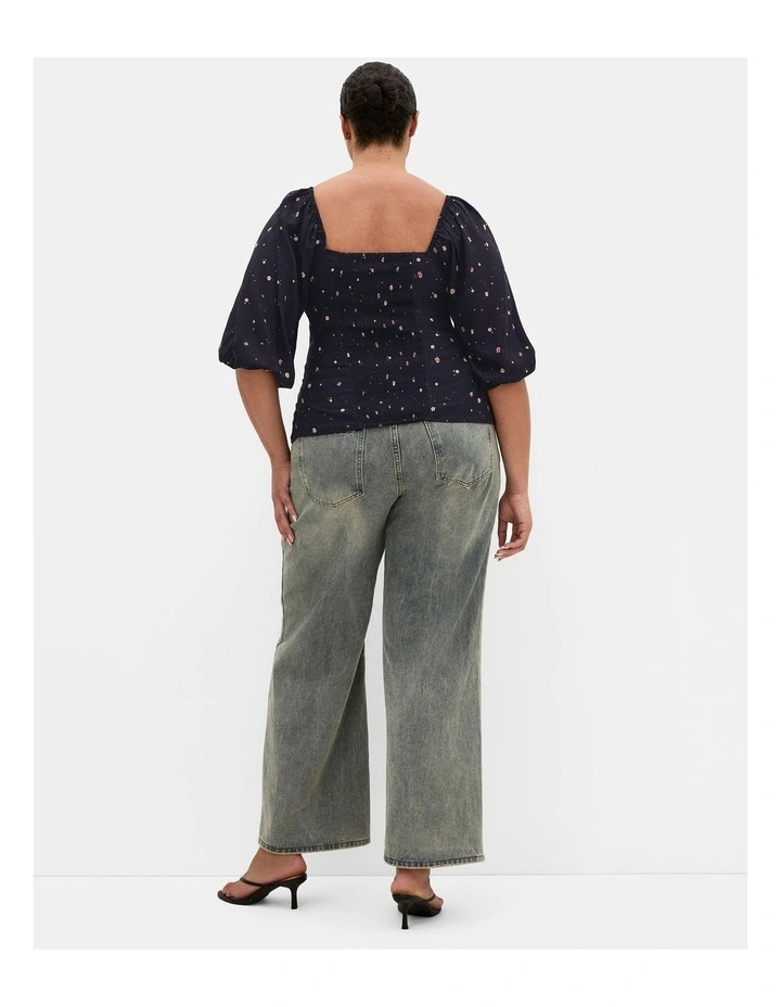 Plus Size Daydreamer Elbow Sleeve Ditsy Print Top in Navy image 2