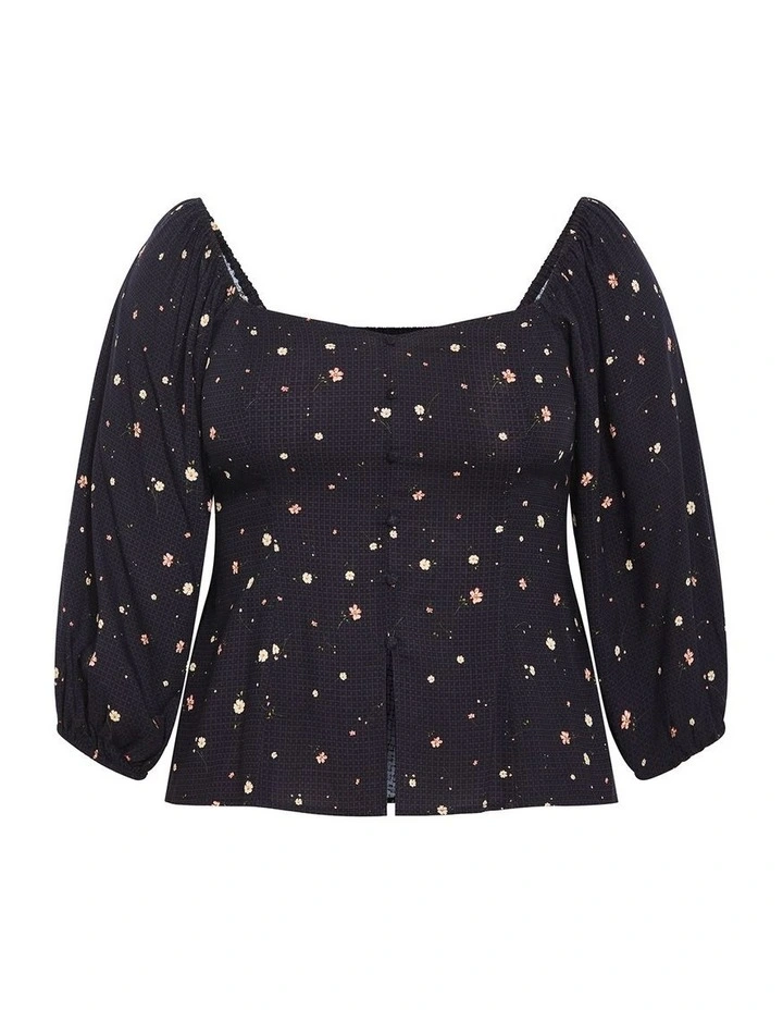 Plus Size Daydreamer Elbow Sleeve Ditsy Print Top in Navy image 3