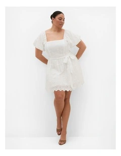 Plus Size Bridie Embroidered Puff Sleeve Mini Dress in Ivory
