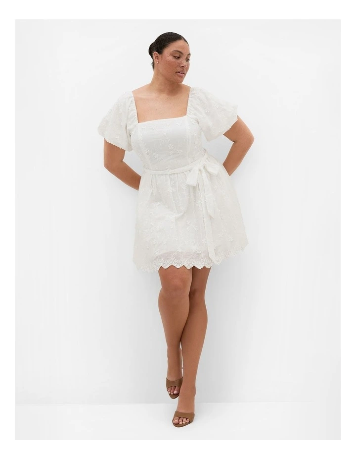 Plus Size Bridie Embroidered Puff Sleeve Mini Dress in Ivory image 1