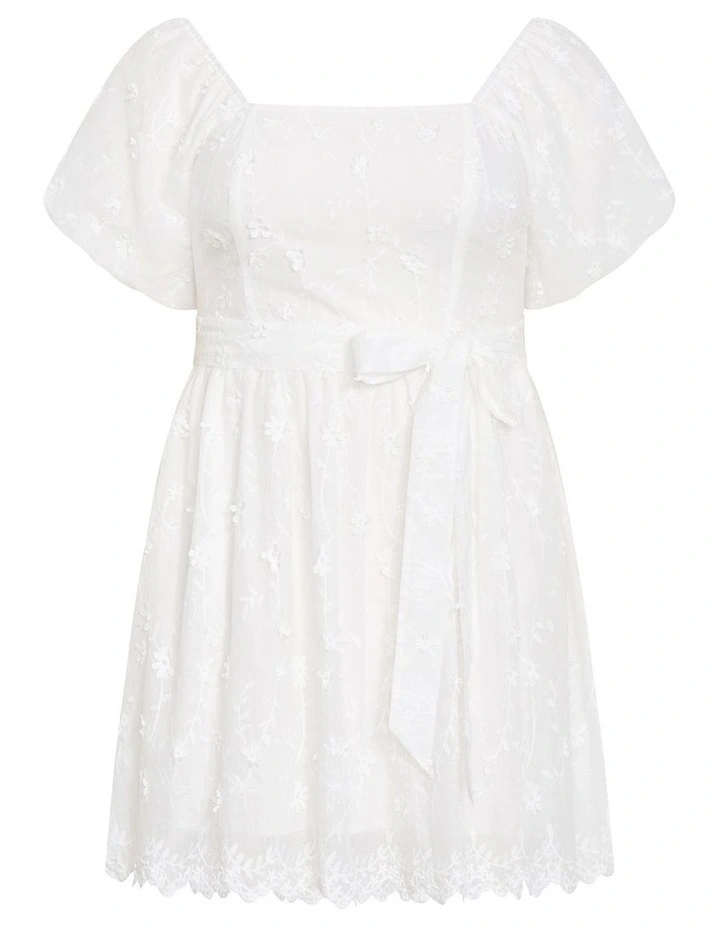 Plus Size Bridie Embroidered Puff Sleeve Mini Dress in Ivory image 3