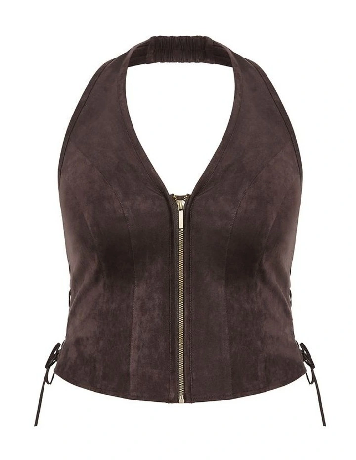 Plus Size Harlow Sueded Halter Zip Top in Espresso image 3