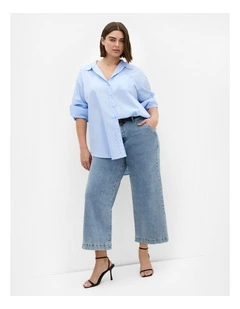 Plus Size Chiara Oversized Longline Cotton Shirt in Ice Blue