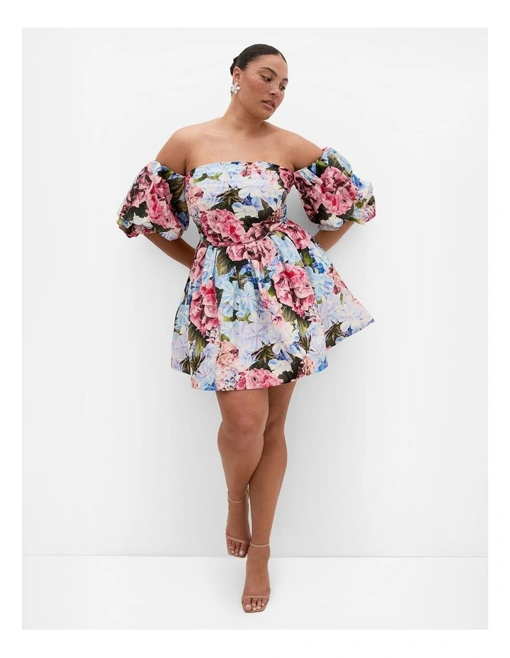 Plus Size Rosa Garden Print Puff Sleeve Mini Dress in Sky Blue image 1