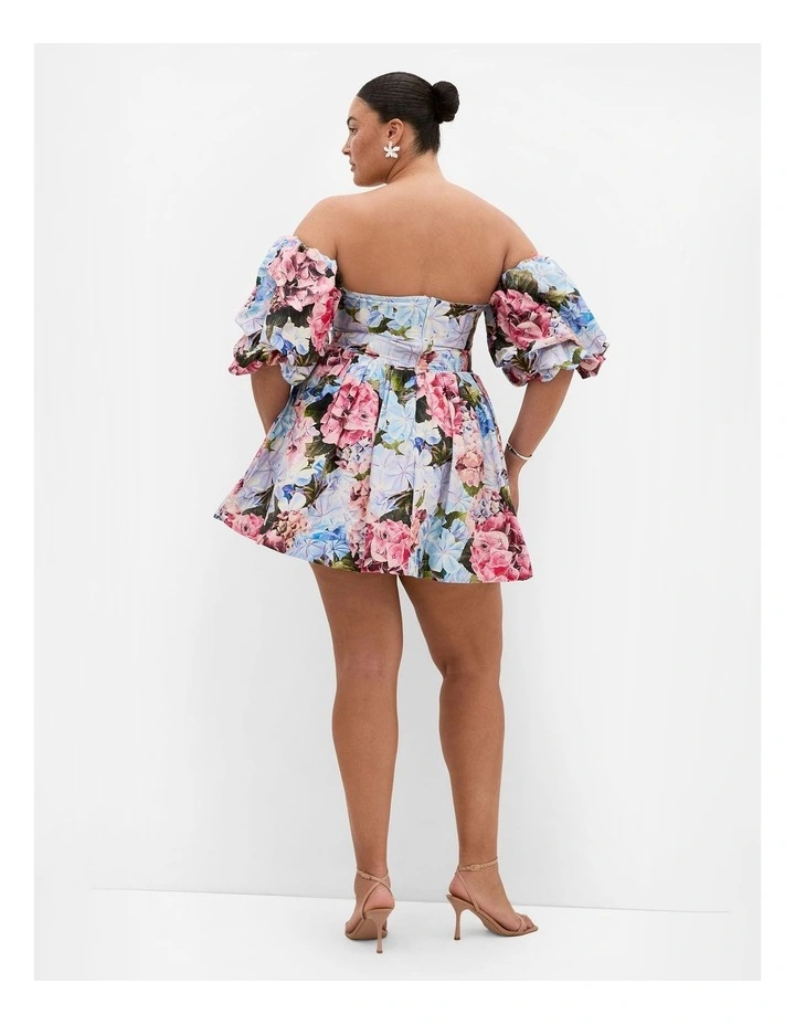 Plus Size Rosa Garden Print Puff Sleeve Mini Dress in Sky Blue image 2
