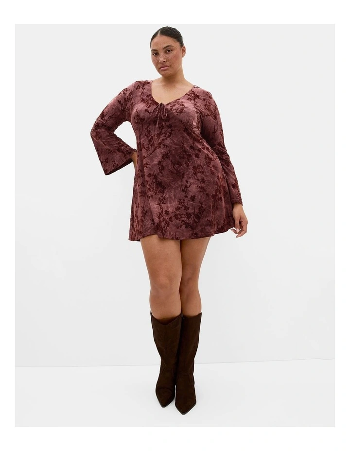 Plus Size Devore Flock Print Mini Dress in Choc Cherry image 1
