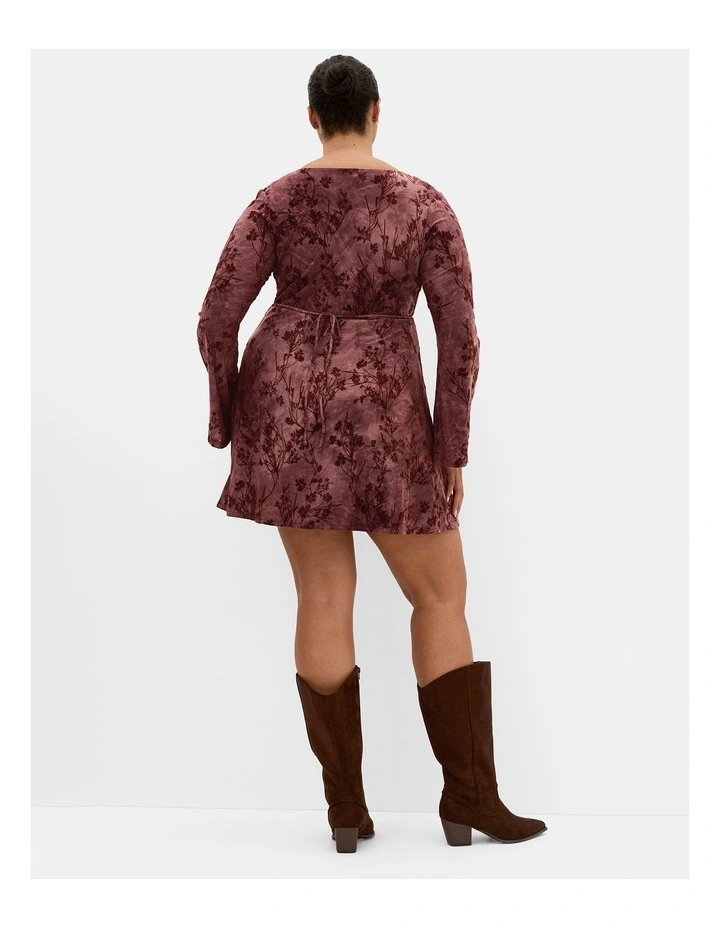 Plus Size Devore Flock Print Mini Dress in Choc Cherry image 2
