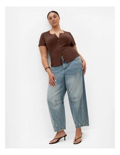 Plus Size Button Through Short Sleeve Top in Chocolate