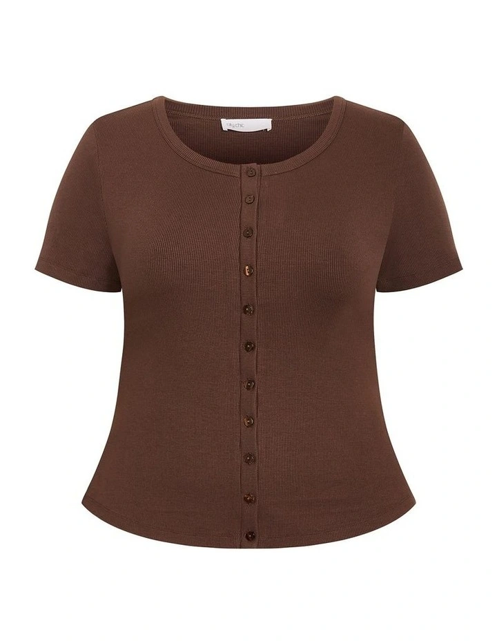 Plus Size Button Through Short Sleeve Top in Chocolate image 3