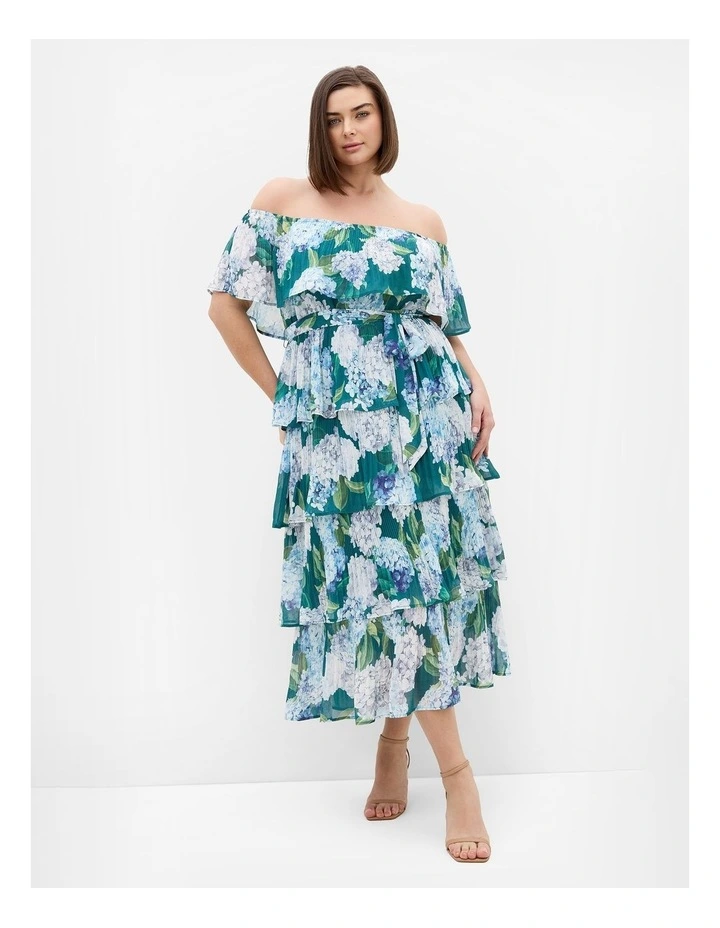 Plus Size Night Garden Print Tier Midi Dress in Jade image 1