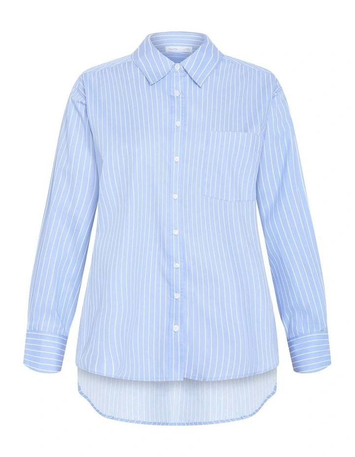 Plus Size Chiara Oversized Longline Stripe Cotton Shirt in Sky Blue image 3