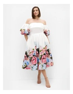 Plus Size Rosa Border Print Puff Sleeve Midi Dress in White
