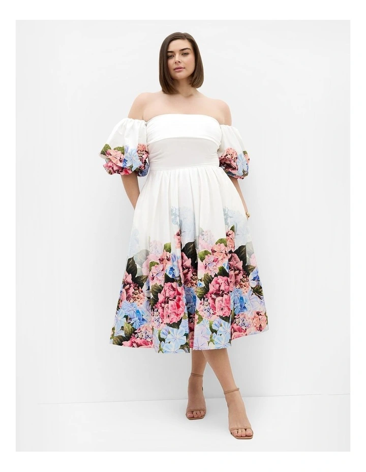 Plus Size Rosa Border Print Puff Sleeve Midi Dress in White image 1