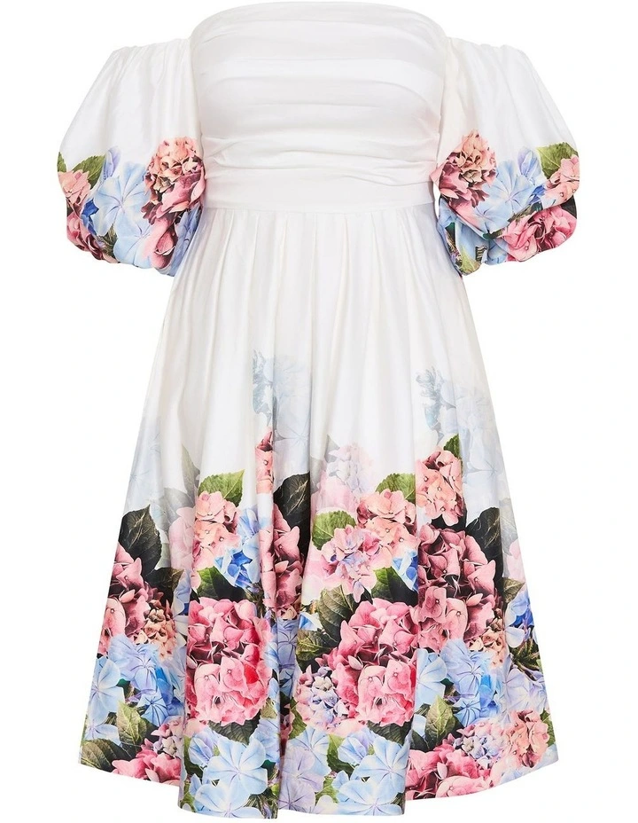 Plus Size Rosa Border Print Puff Sleeve Midi Dress in White image 3