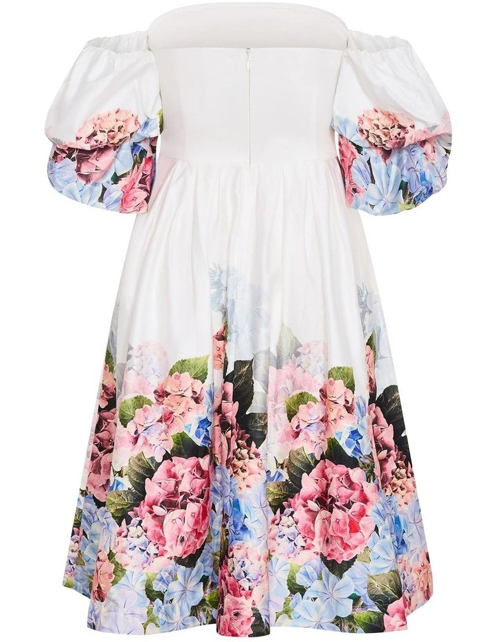 Plus Size Rosa Border Print Puff Sleeve Midi Dress in White image 4