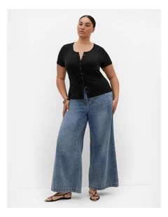 Plus Size Button Through Short Sleeve Top in Black