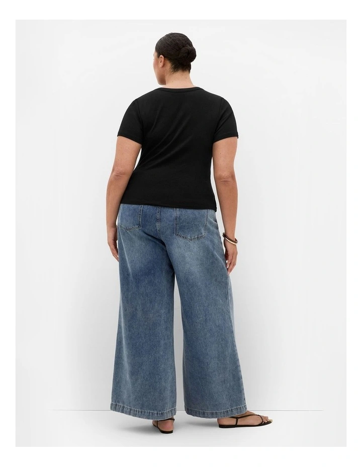 Plus Size Button Through Short Sleeve Top in Black image 2