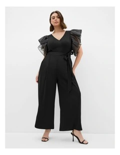 Plus Size Tiana Organza Sleeve Wide Leg Jumpsuit in Black